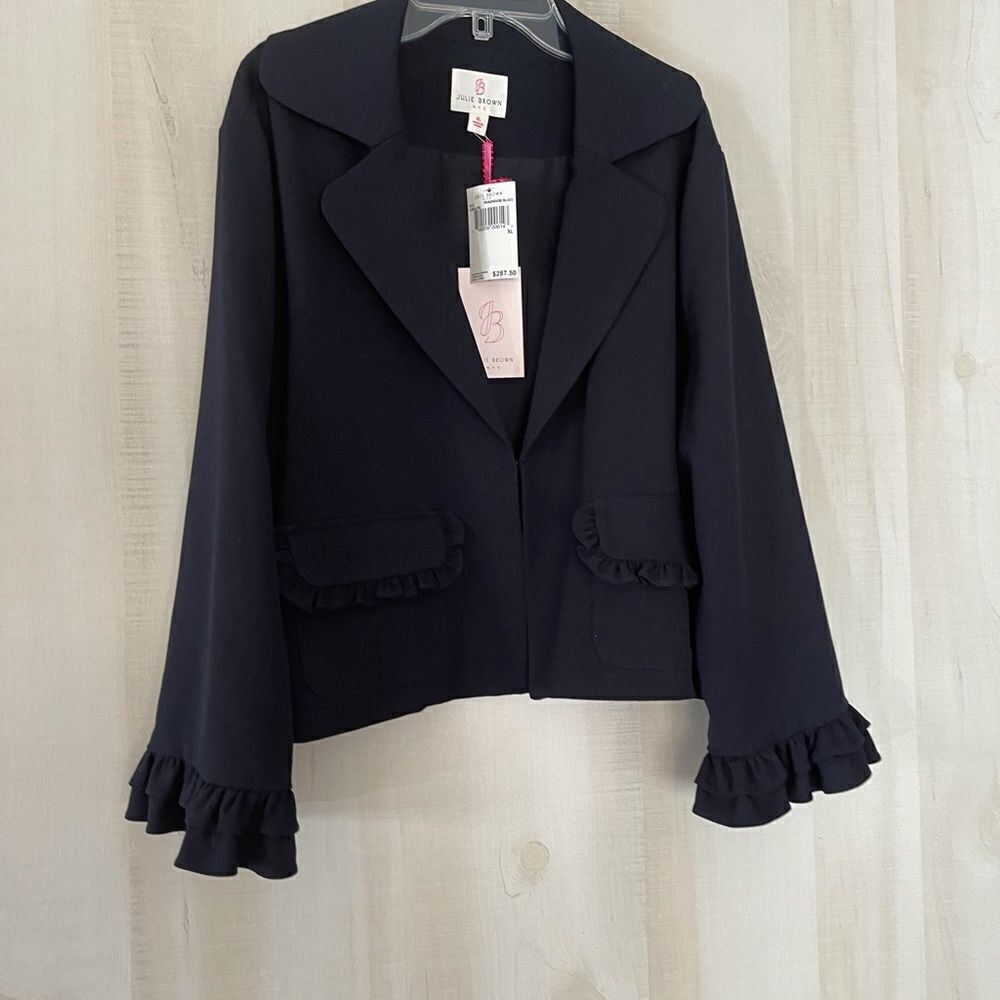 NWT Julie Brown NYC navy blazer jacket with ruffle at wrist, size XL - Picture 3 of 14